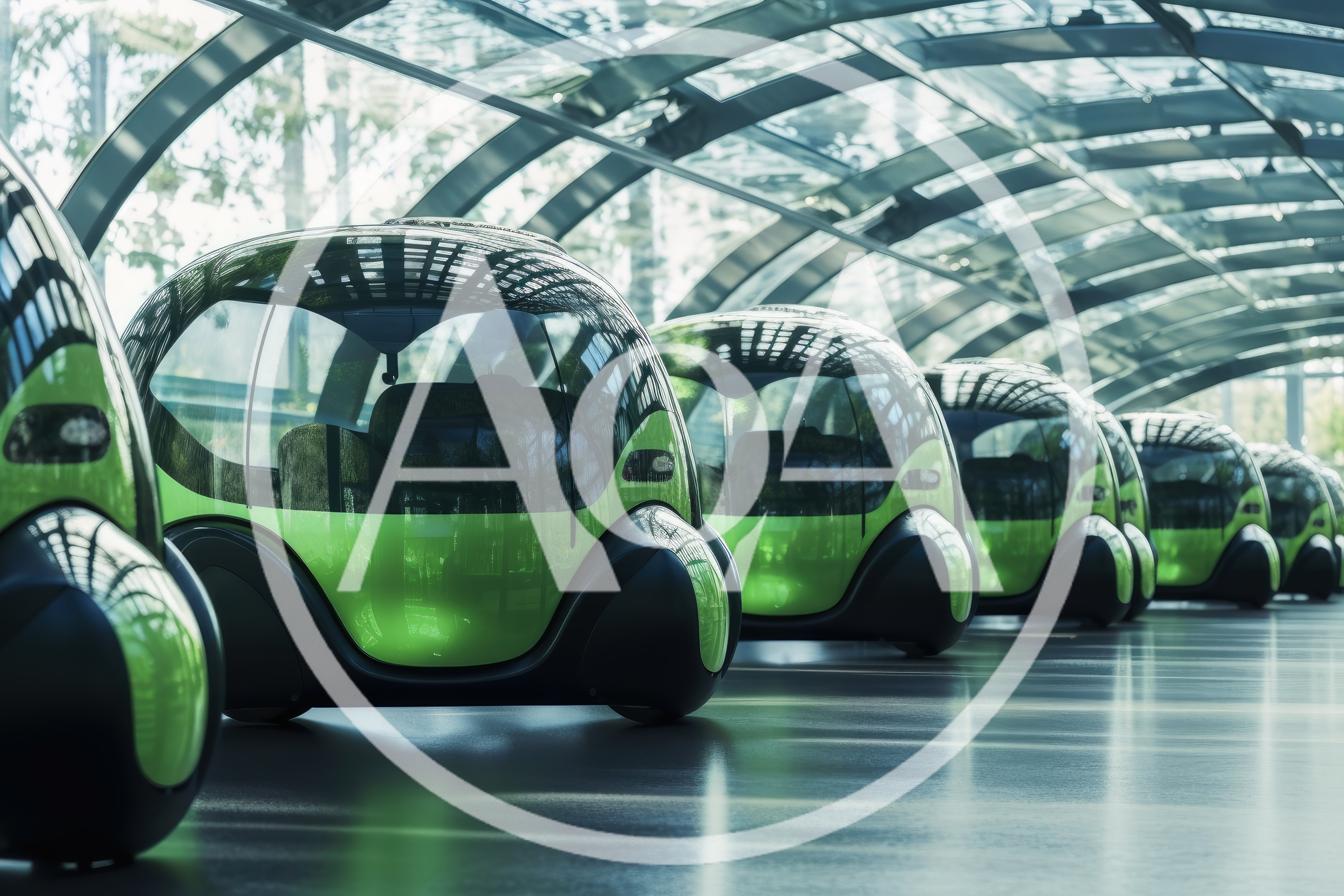 Futuristic Autonomous Pod Vehicles Parked In Modern Terminal