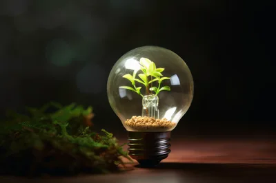 Small Green Plant Growing Inside A Light Bulb