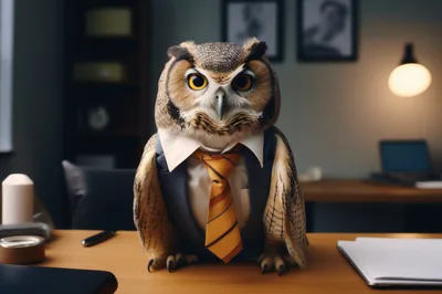 Professional Owl Wearing A Suit And Tie In Office