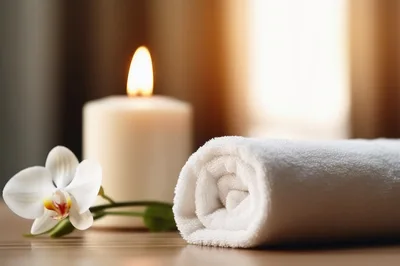 Spa Setting With White Orchid Candle And Rolled Towel