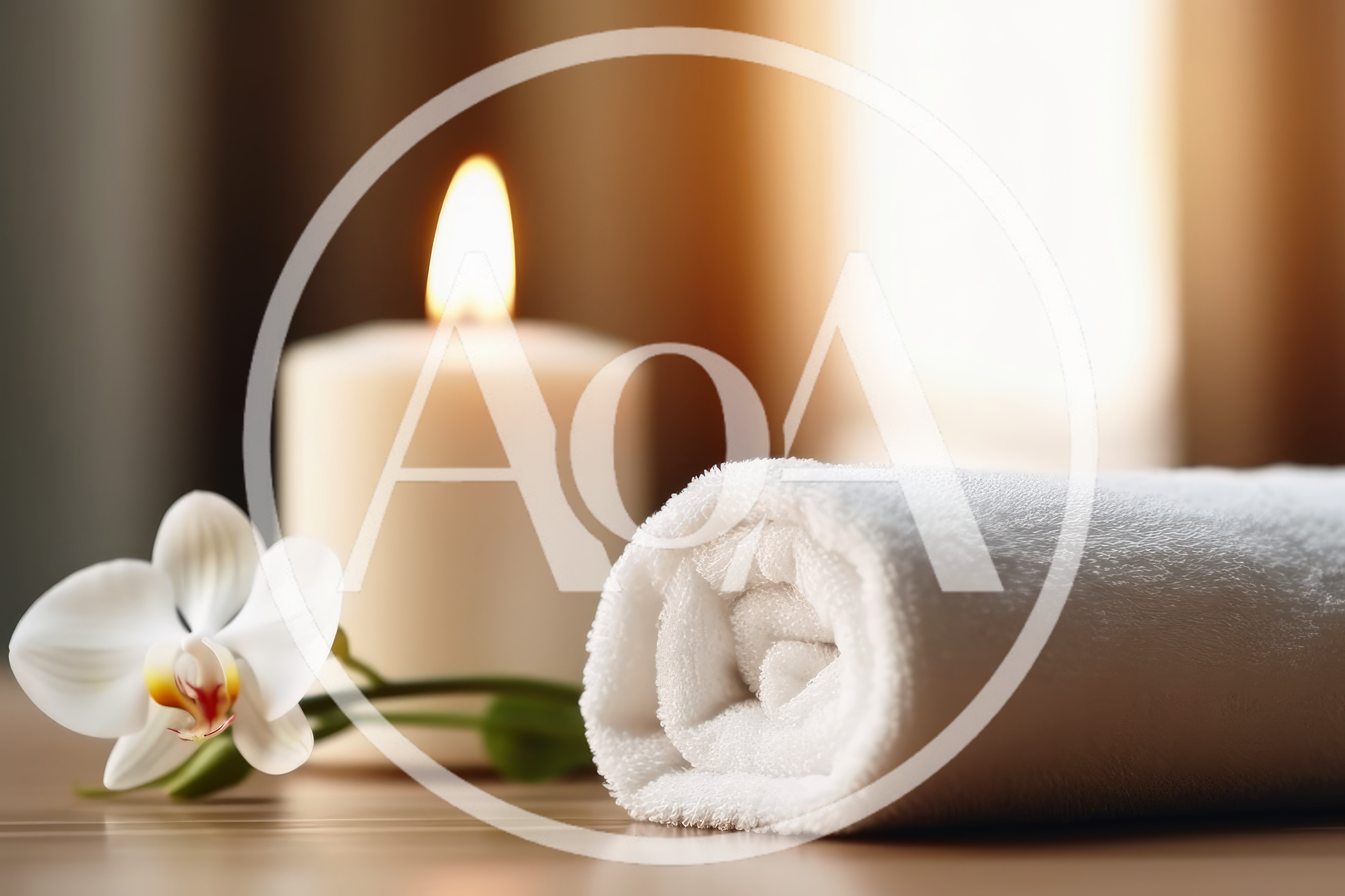 Spa Setting With White Orchid Candle And Rolled Towel
