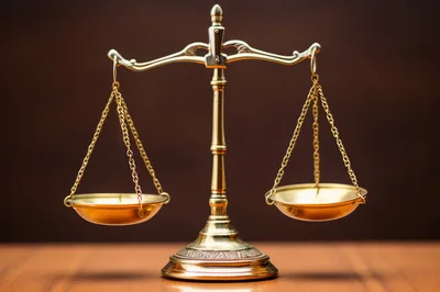 Golden Scales Of Justice On A Wooden Table
