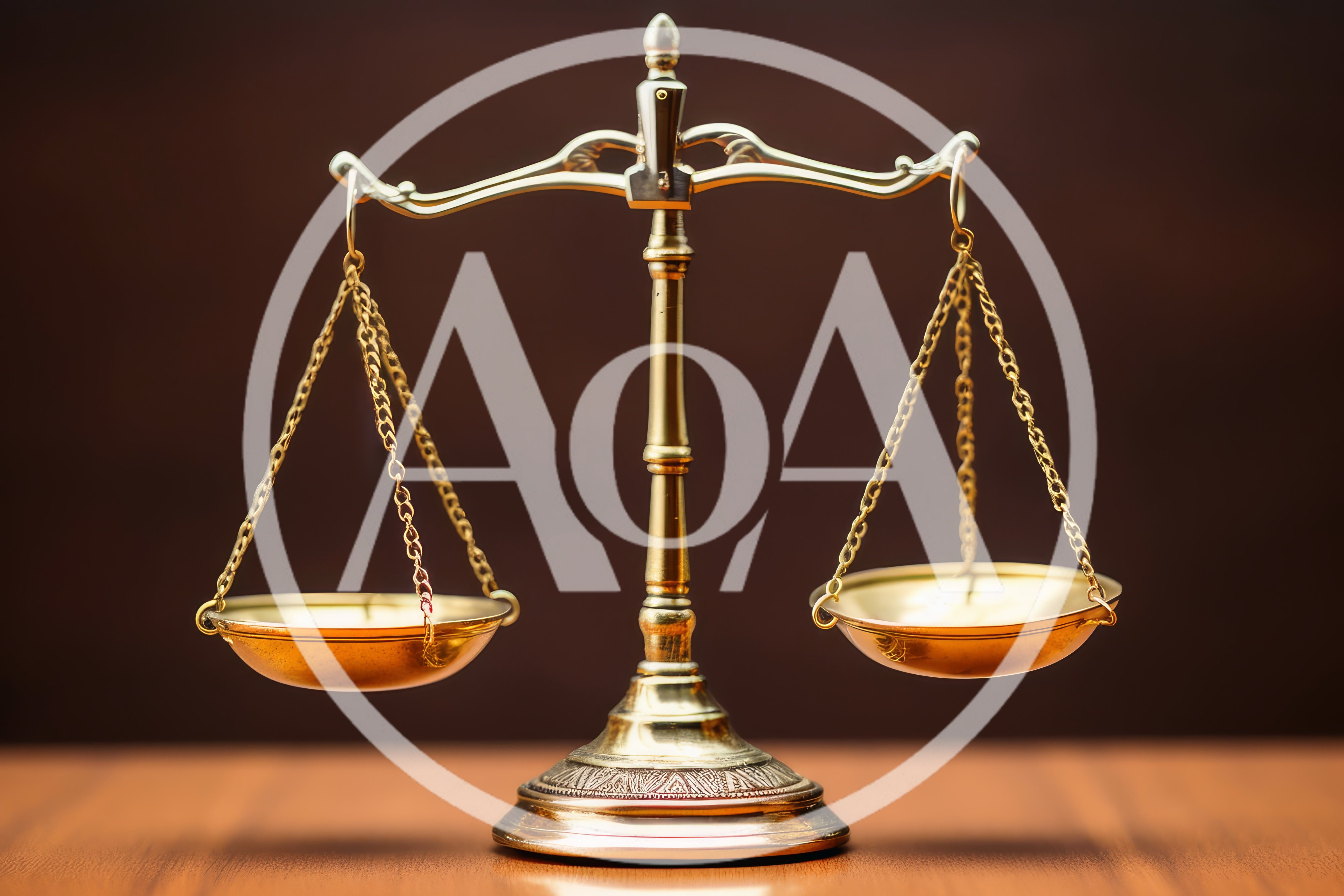 Golden Scales Of Justice On A Wooden Table