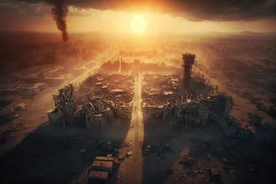 Aerial View Of A Post Apocalyptic Ruined City