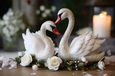 Decorative Swan Figurines With White Roses