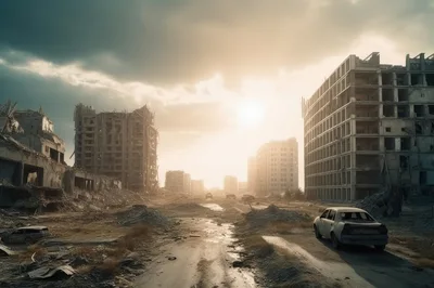 Ruined Cityscape With Abandoned Vehicles In War Zone