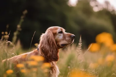 Golden Cocker Spaniel Sitting In A Wildflower Meadow