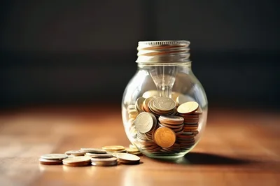 Glass Light Bulb Jar Filled With Assorted Coins