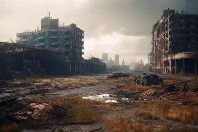 Post-Apocalyptic Ruined Cityscape With Abandoned Vehicles