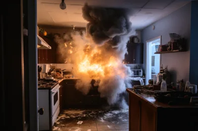 Kitchen Interior Engulfed In Sudden Explosive Fire