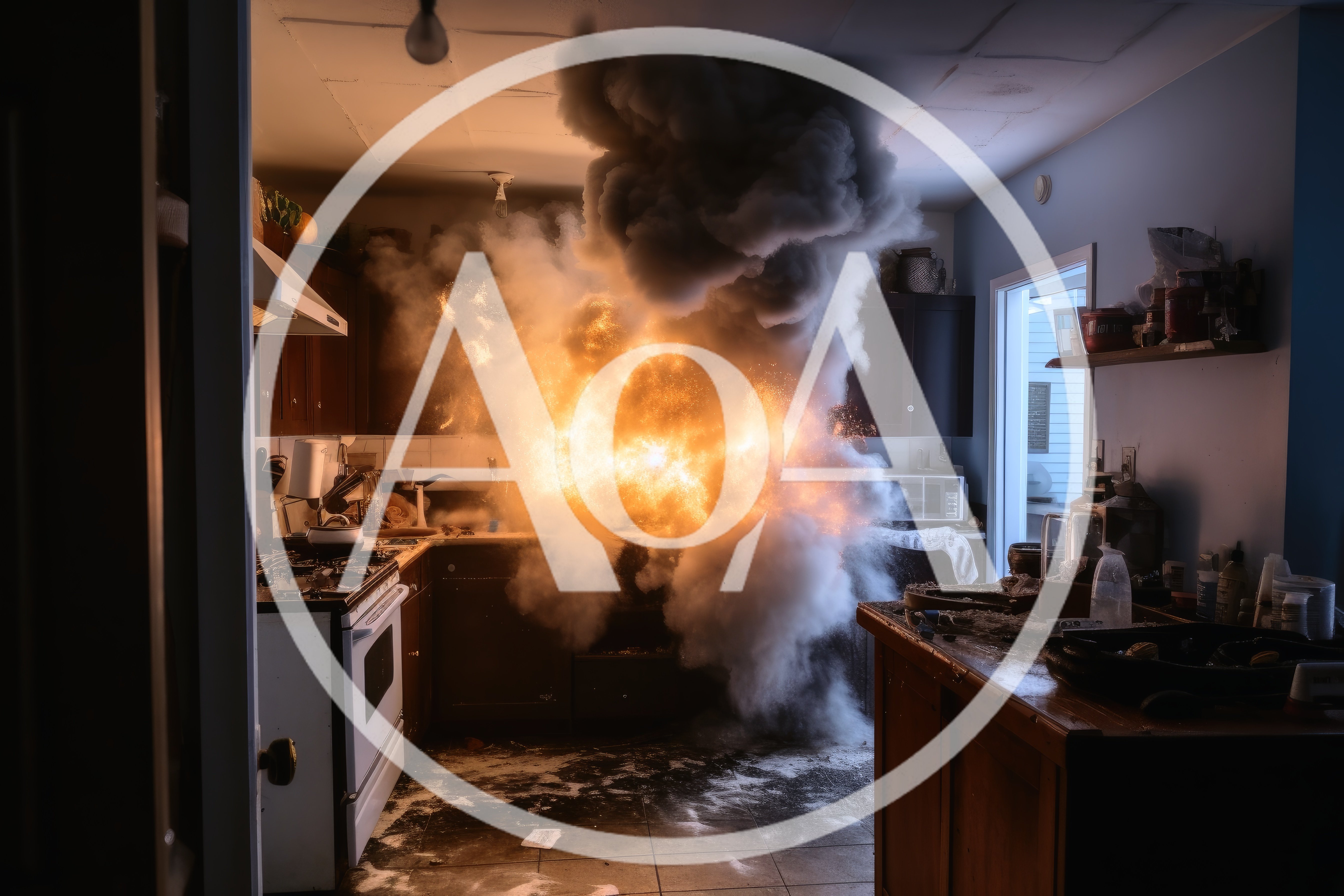 Kitchen Interior Engulfed In Sudden Explosive Fire