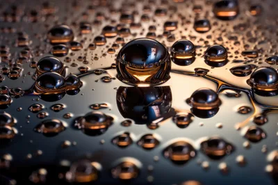 Macro Close Up Of Water Droplets On Reflective Surface