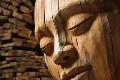 Close Up Of A Carved Wooden Human Face Sculpture