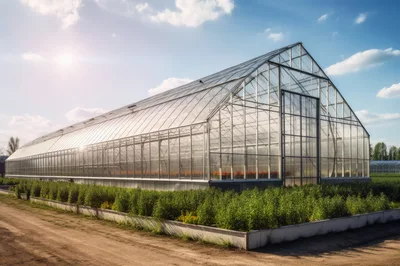 Large Commercial Greenhouse Structure In A Sunny Field