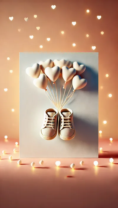 Baby Shoes With Heart Balloons On A Textured Background