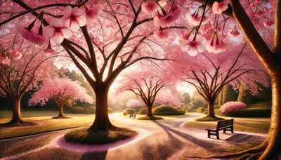 Serene Park Path Under Blooming Cherry Blossom Trees
