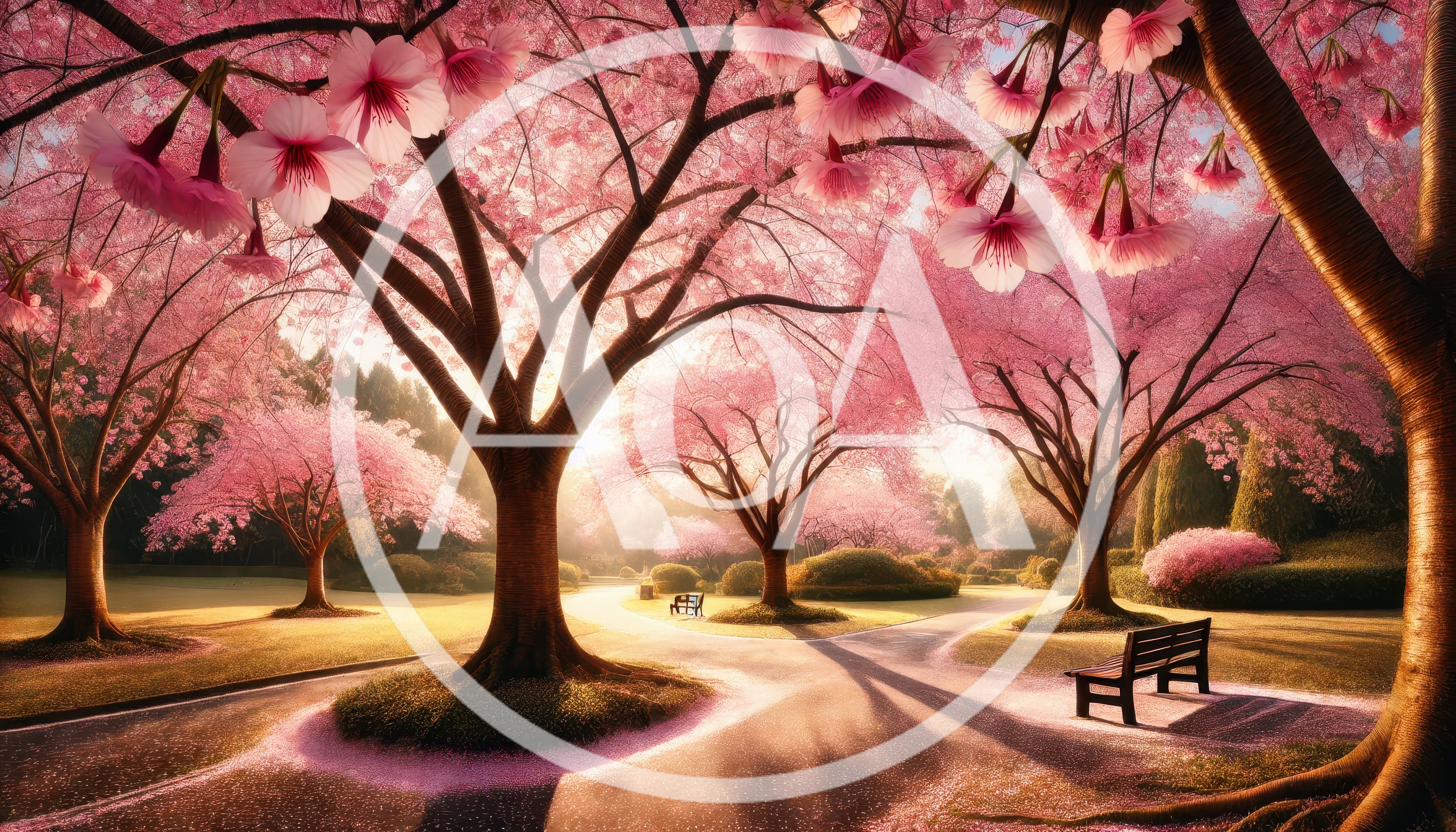 Serene Park Path Under Blooming Cherry Blossom Trees