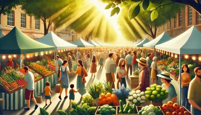 Crowded Outdoor Farmers Market With Fresh Produce