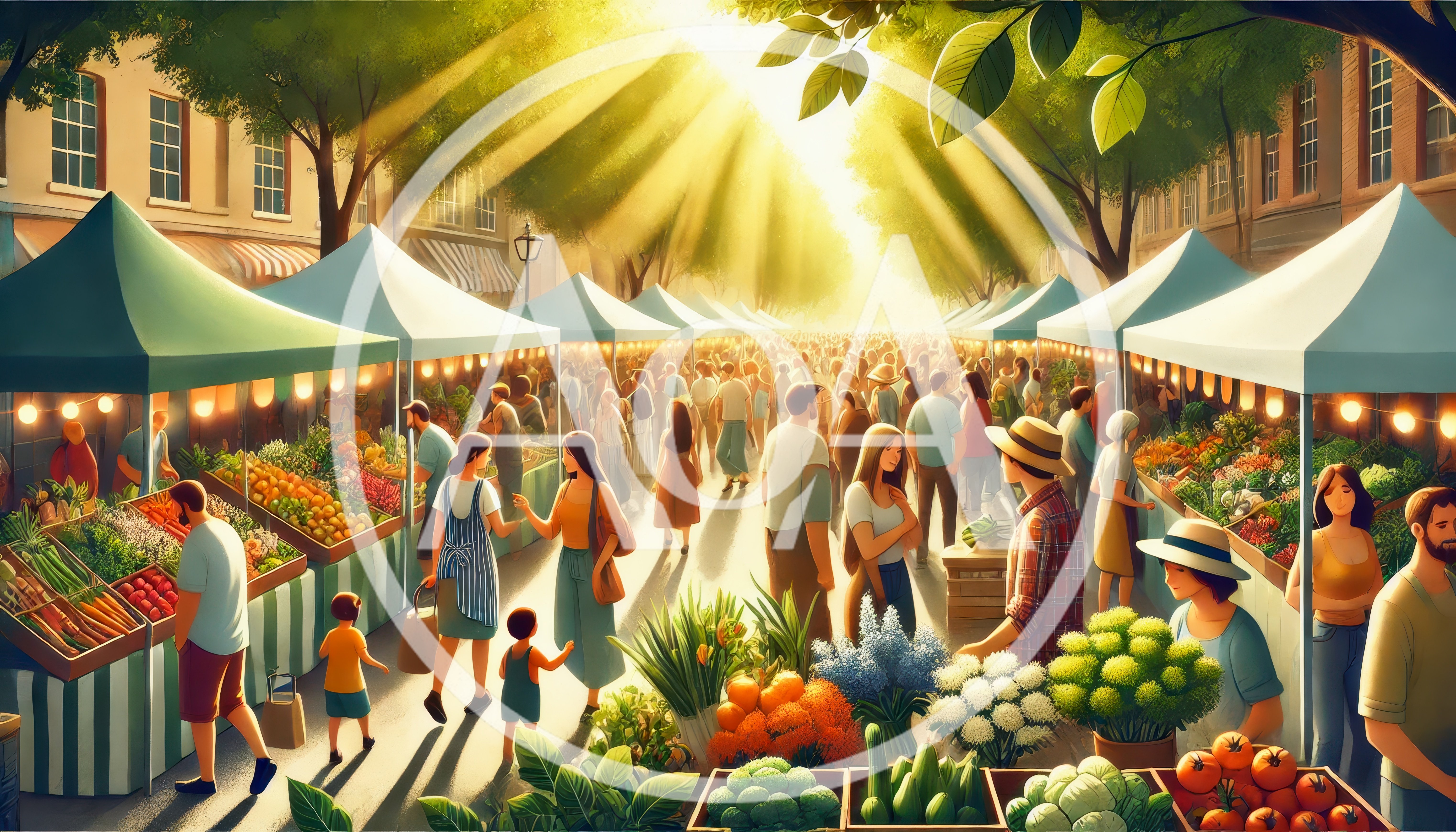 Crowded Outdoor Farmers Market With Fresh Produce
