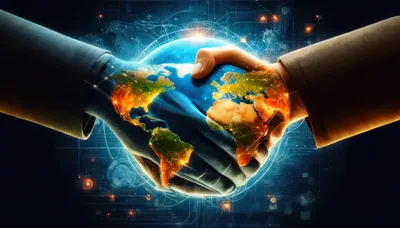 Global Business Partnership Handshake Over Digital Earth