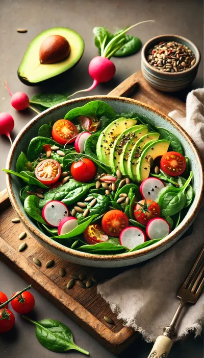 Fresh Spinach Salad With Avocado And Cherry Tomatoes