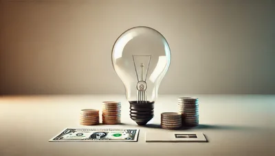 Light Bulb With Stacks Of Coins And Currency