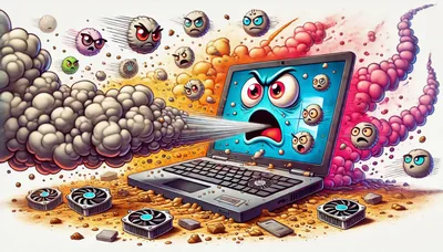 Angry Laptop Computer Spewing Smoke and Dust Particles
