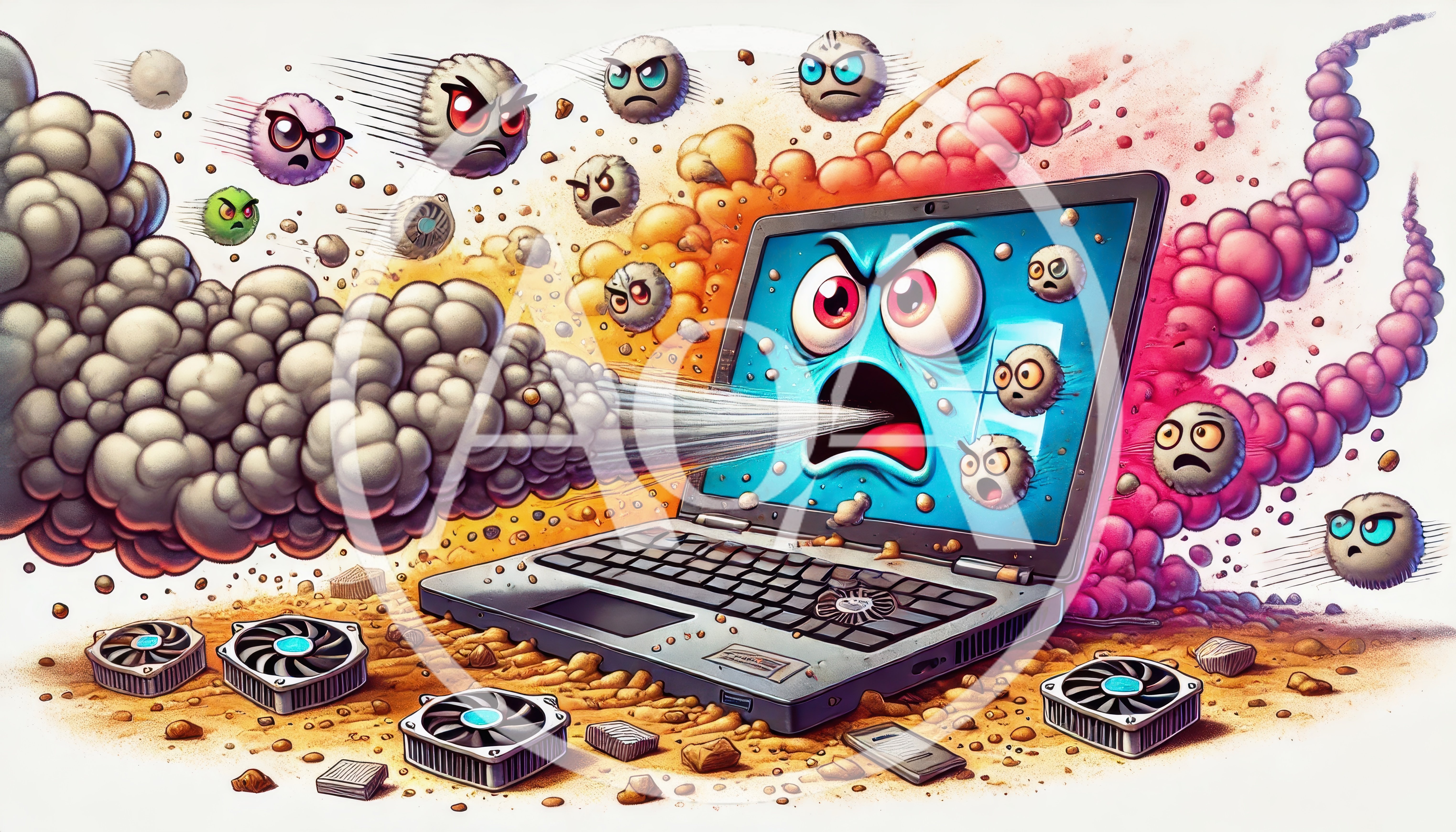 Angry Laptop Computer Spewing Smoke and Dust Particles