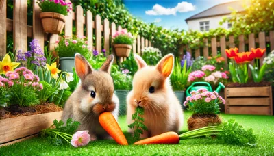 Two Cute Bunnies Eating Carrots In A Sunny Garden