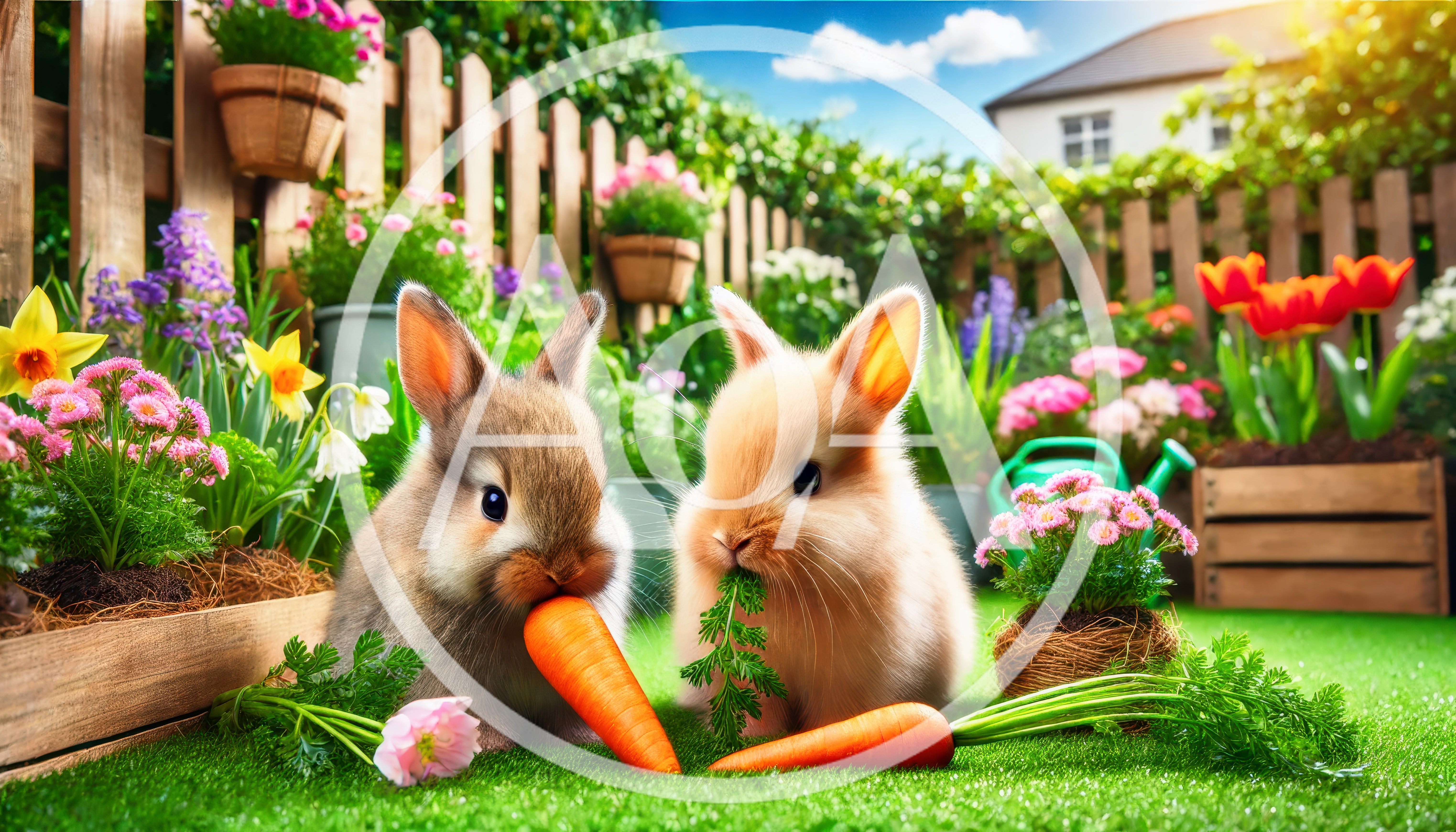 Two Cute Bunnies Eating Carrots In A Sunny Garden
