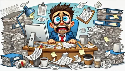 Stressed Office Worker Overwhelmed By Excessive Paperwork