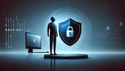 Digital Human Silhouette Standing Before A Cyber Security Shield