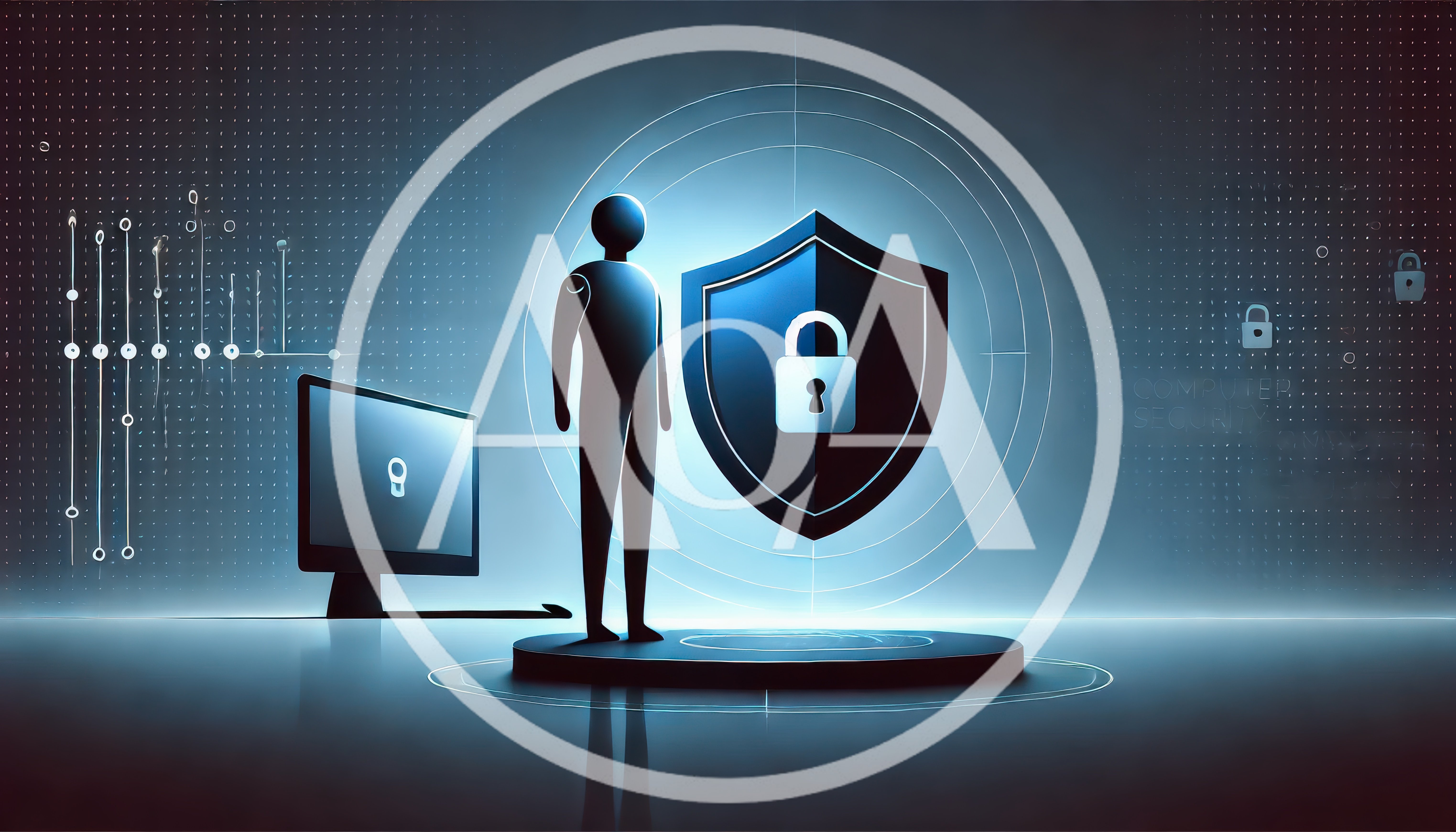 Digital Human Silhouette Standing Before A Cyber Security Shield