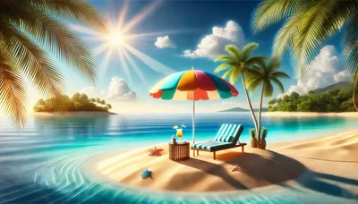 Tropical Island Beach Scene With Lounge Chair And Umbrella