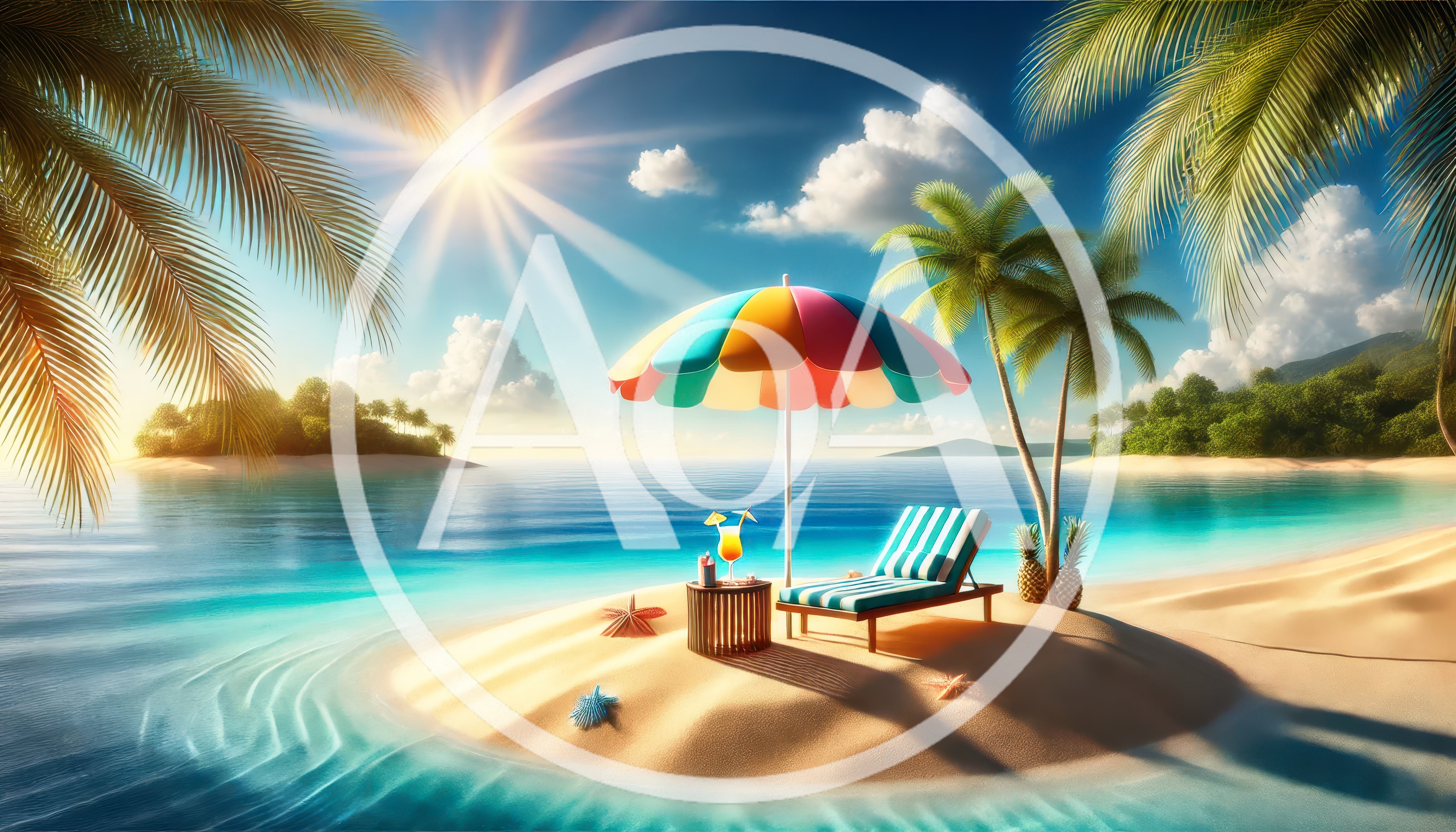 Tropical Island Beach Scene With Lounge Chair And Umbrella