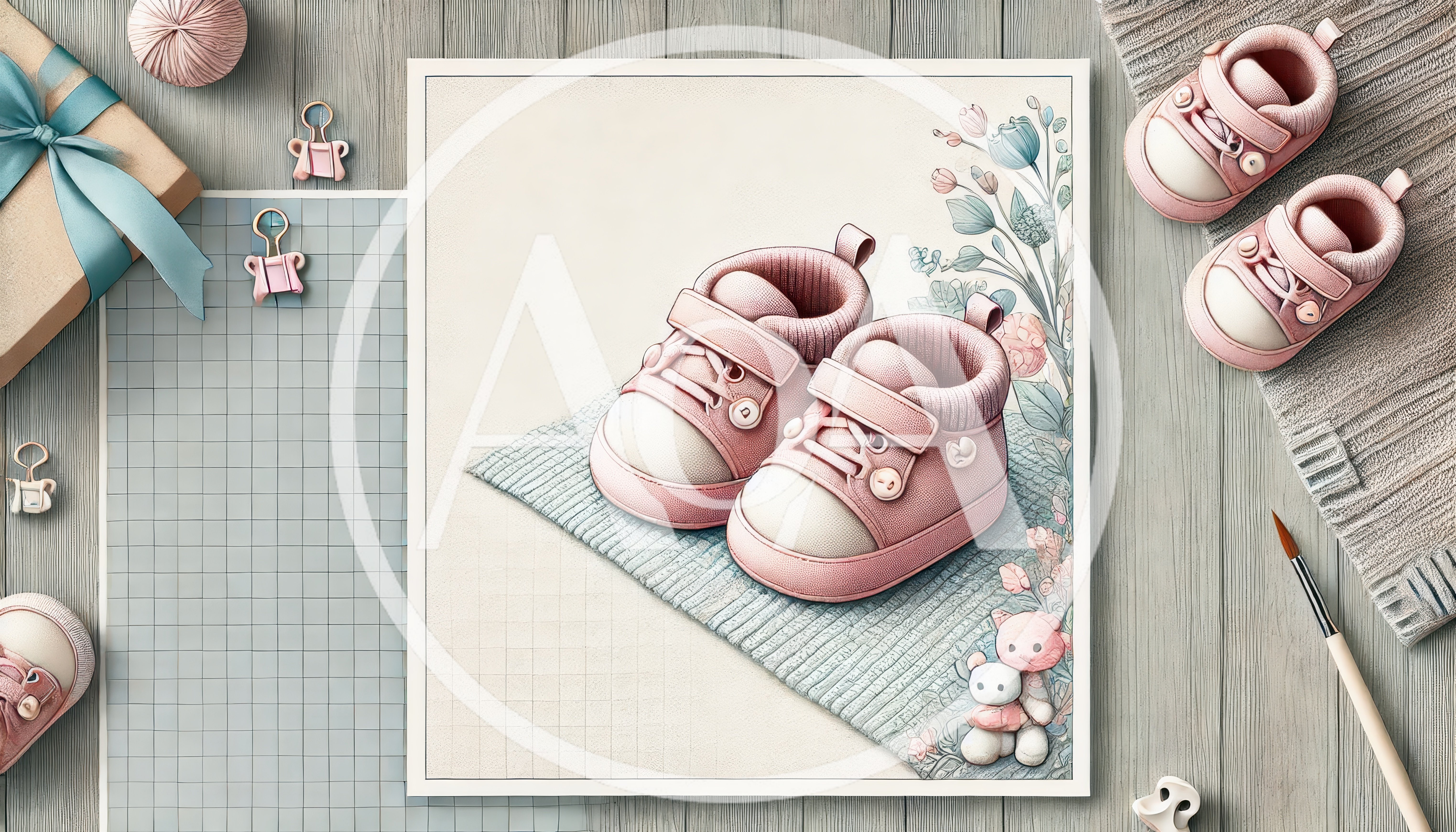 Baby Shoes Illustration on Grid Paper with Accessories