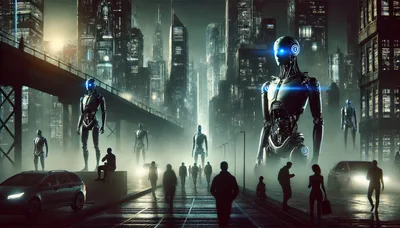 Futuristic Cityscape With Giant Humanoid Robots And Pedestrians