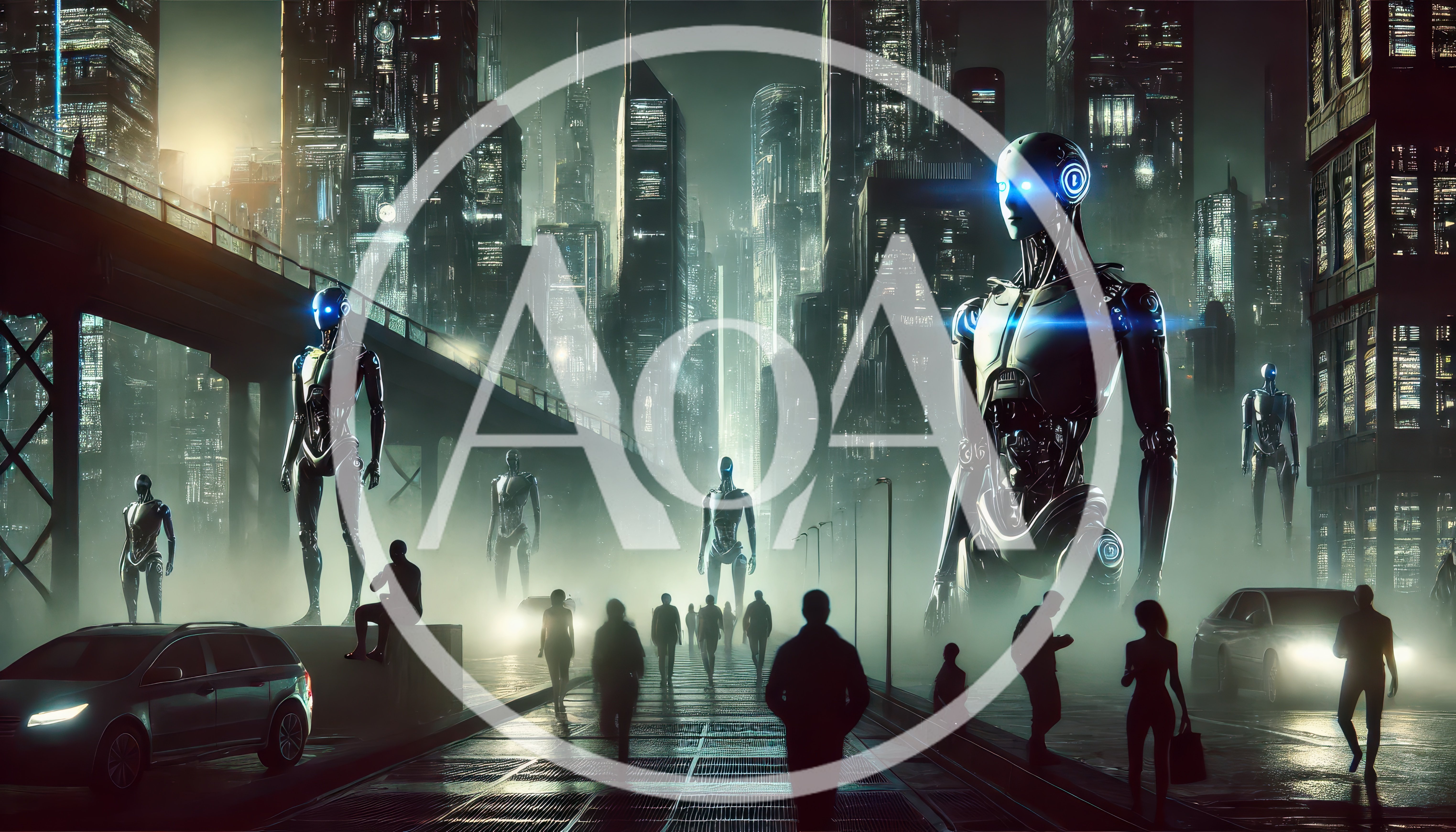 Futuristic Cityscape With Giant Humanoid Robots And Pedestrians