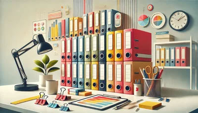 Organized Office Desk With Colorful Binders And Stationery