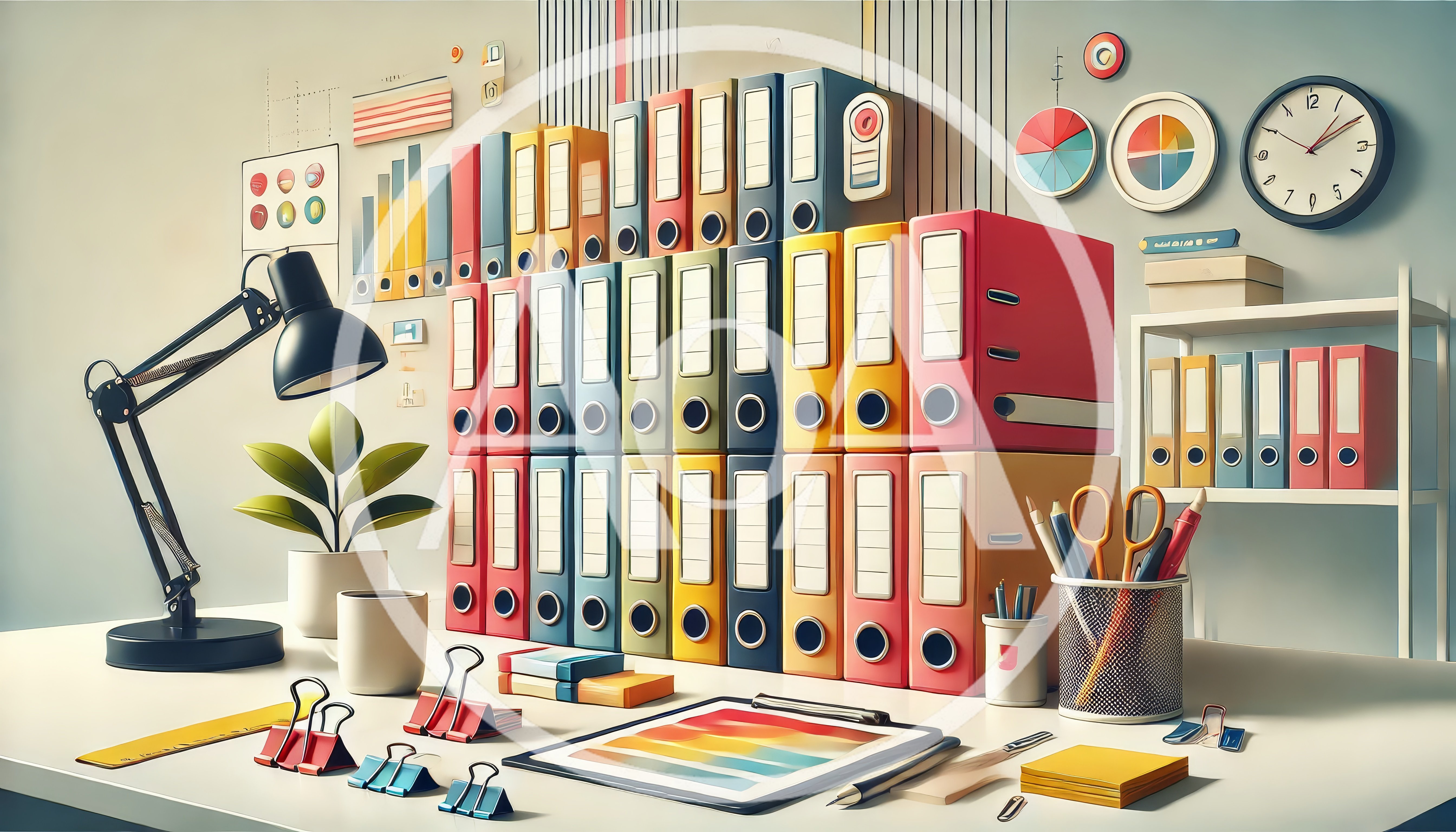 Organized Office Desk With Colorful Binders And Stationery