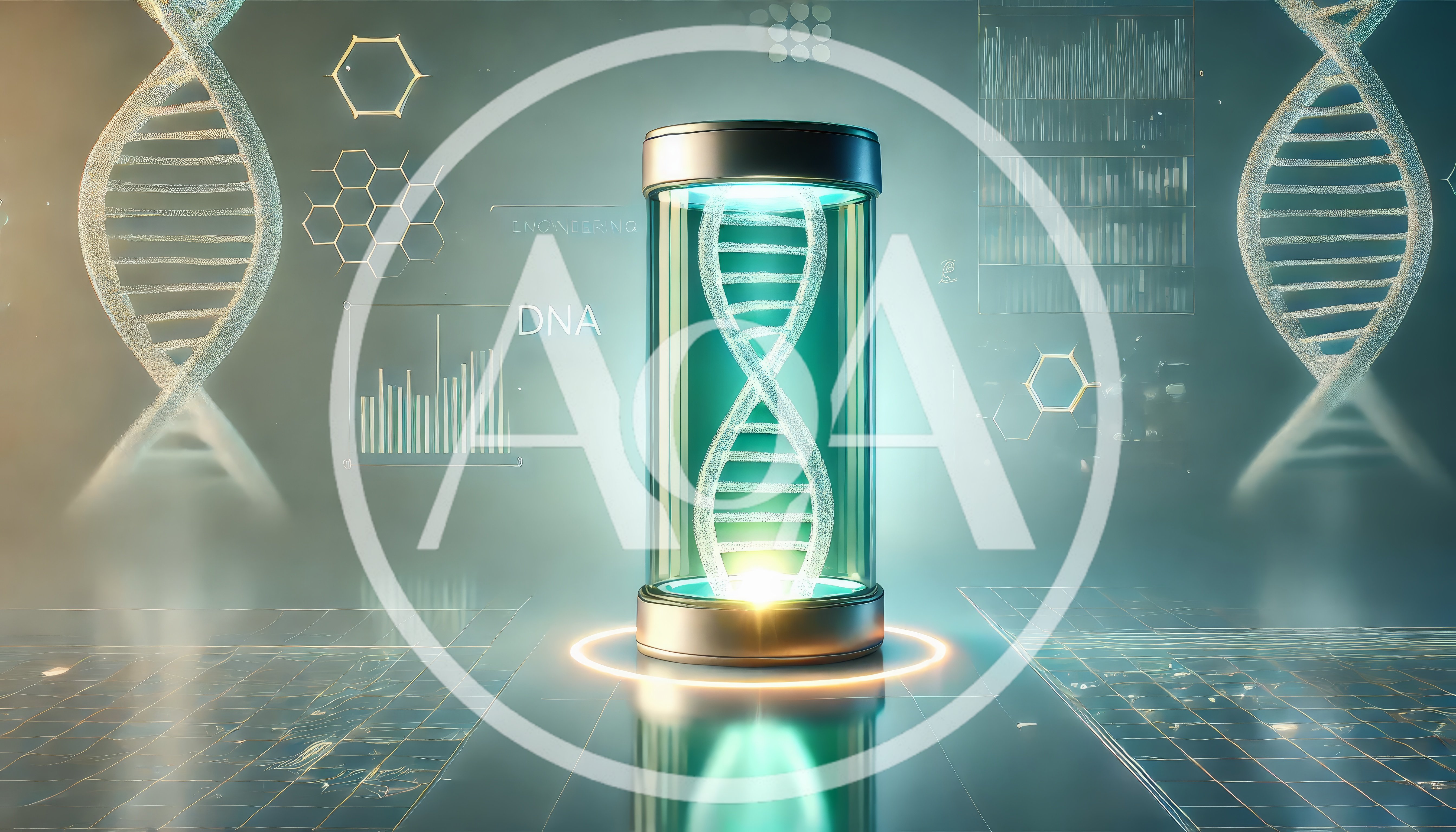 Futuristic DNA Helix Inside Glowing Laboratory Containment Cylinder