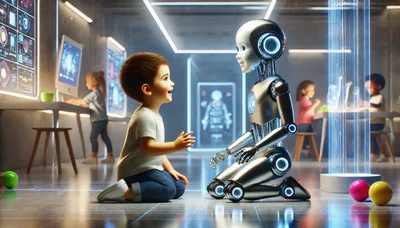 Young Boy Interacting With A Futuristic Robot