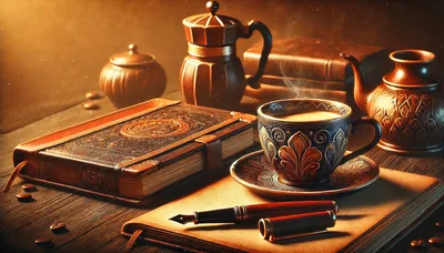 Vintage Coffee Cup And Antique Journal On Wooden Desk