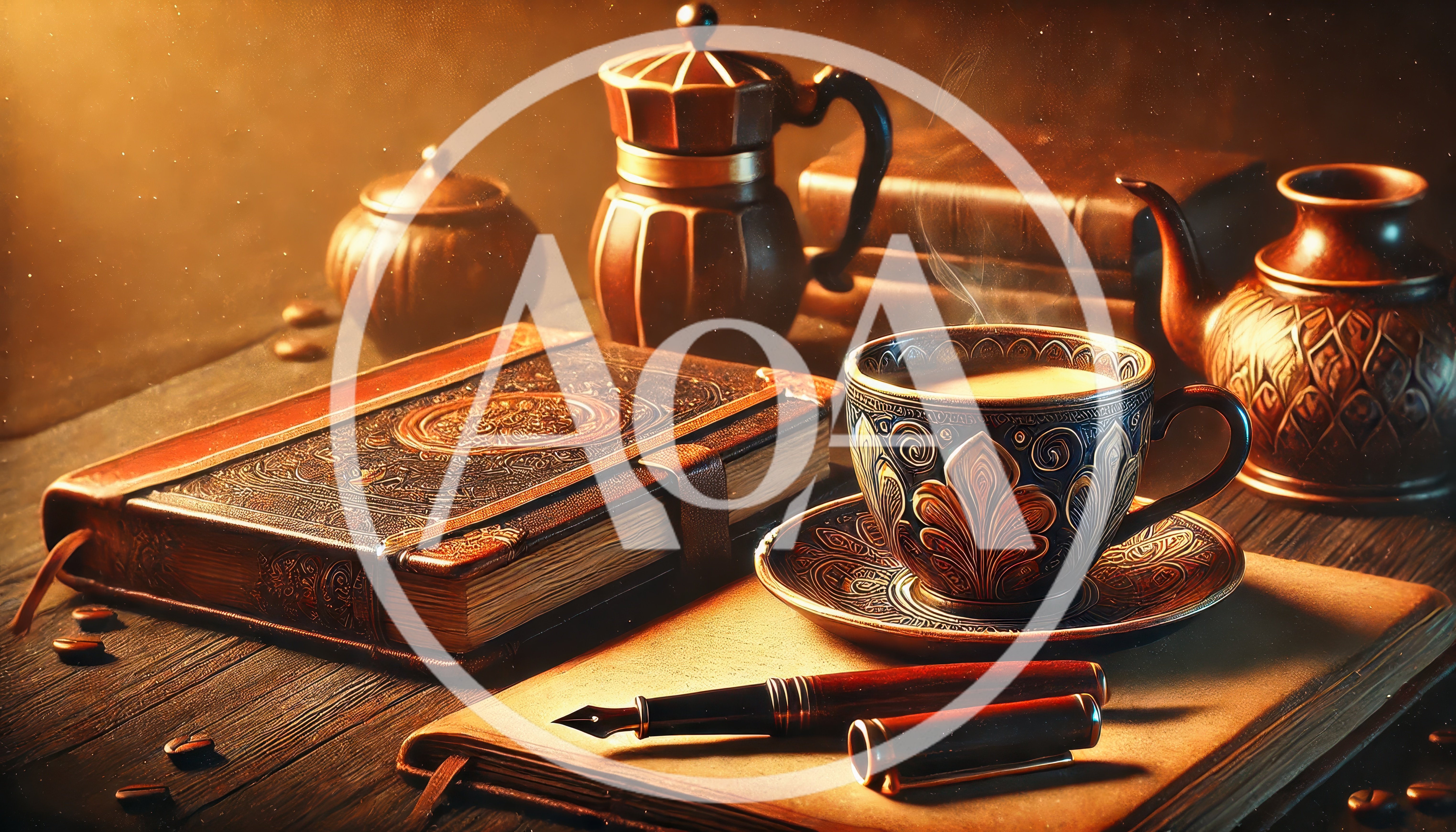 Vintage Coffee Cup And Antique Journal On Wooden Desk