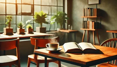 Steaming Coffee Cup And Open Book On Cafe Table