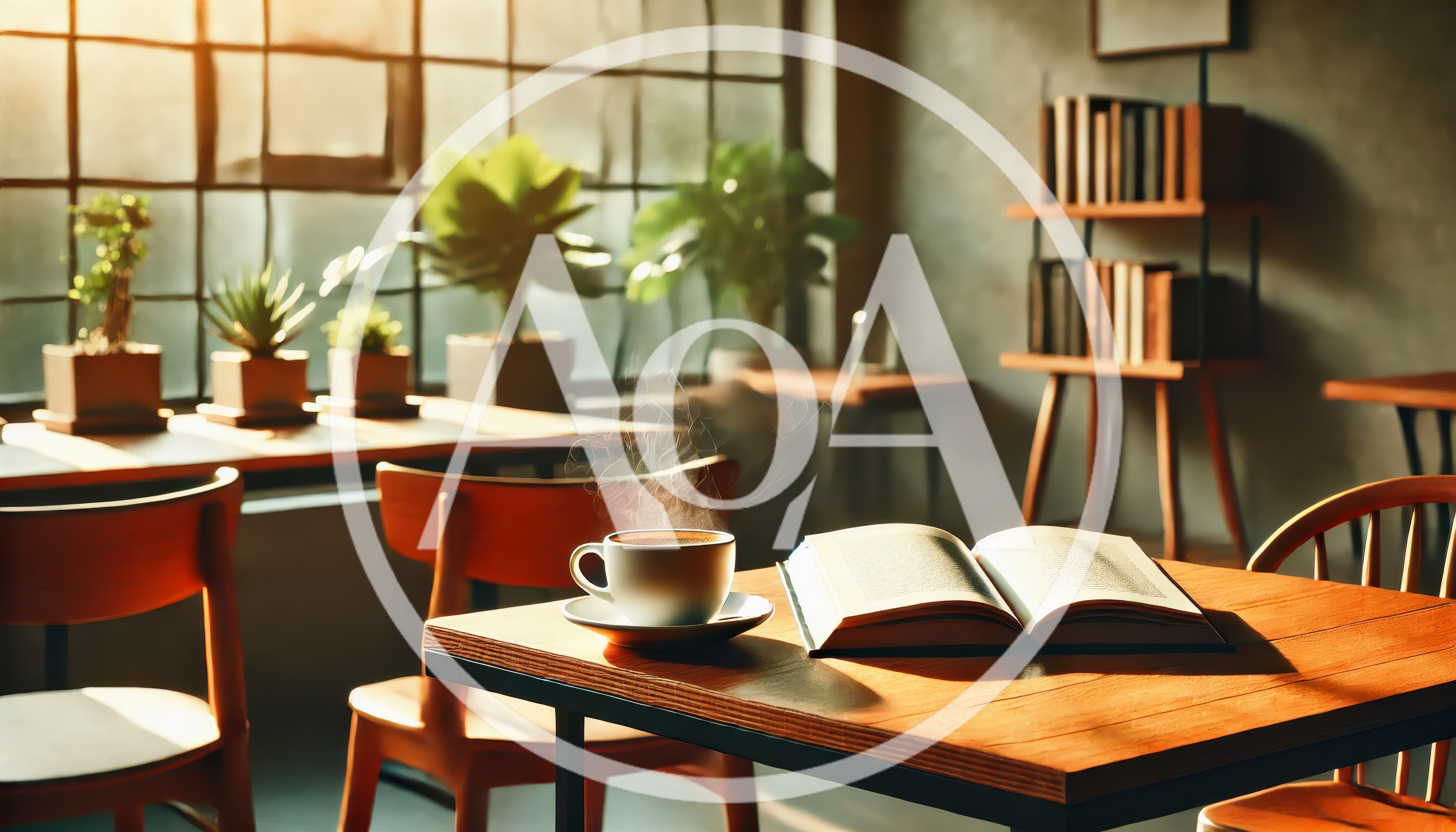 Steaming Coffee Cup And Open Book On Cafe Table