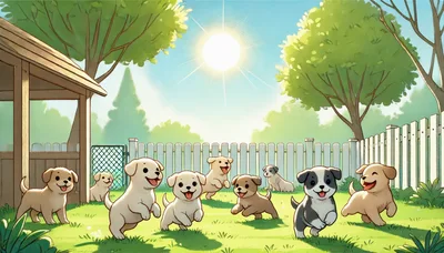Group of Happy Puppies Playing in Sunny Backyard