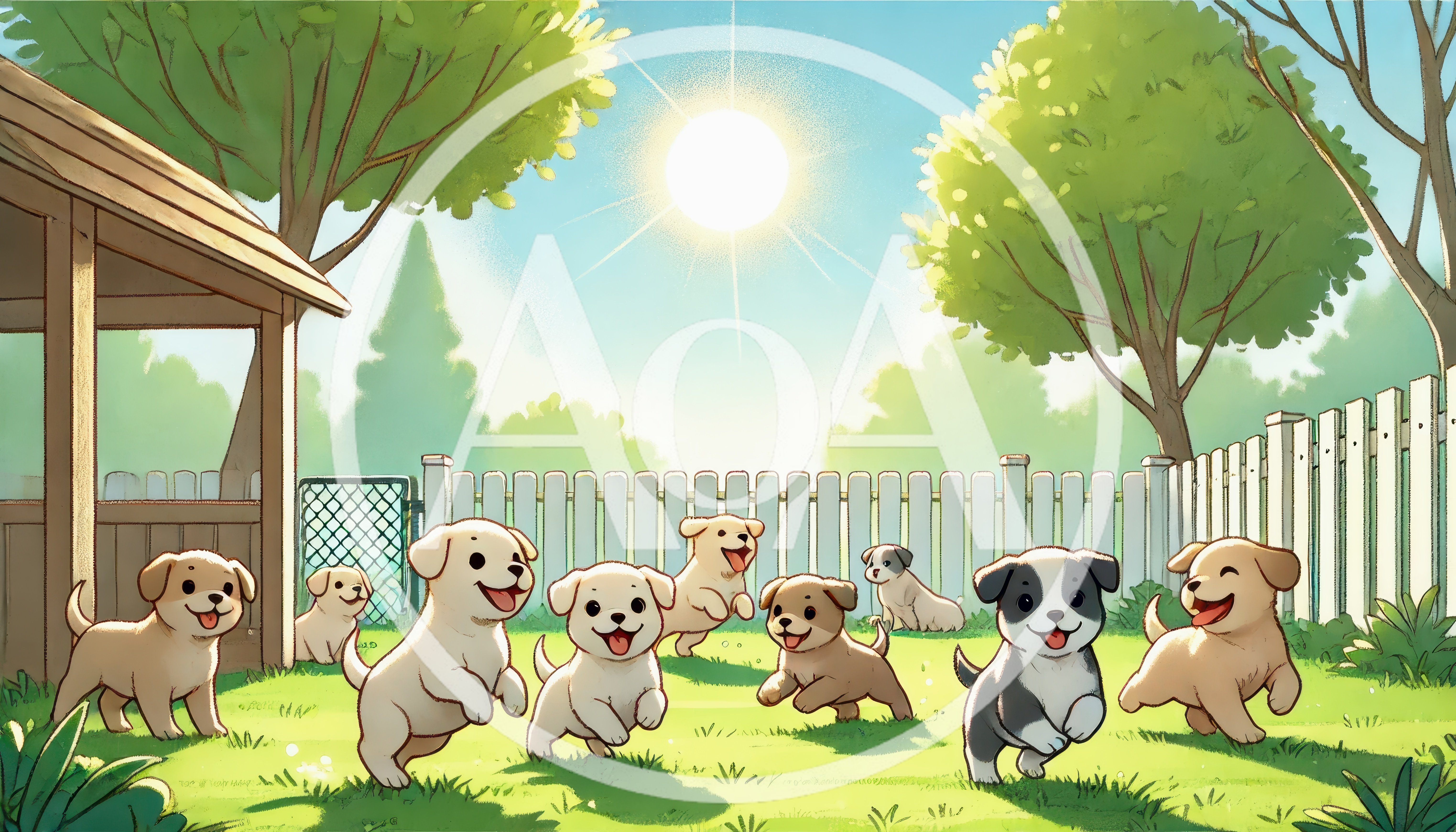 Group of Happy Puppies Playing in Sunny Backyard