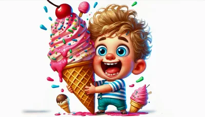 Cartoon Boy Hugging A Giant Ice Cream Cone