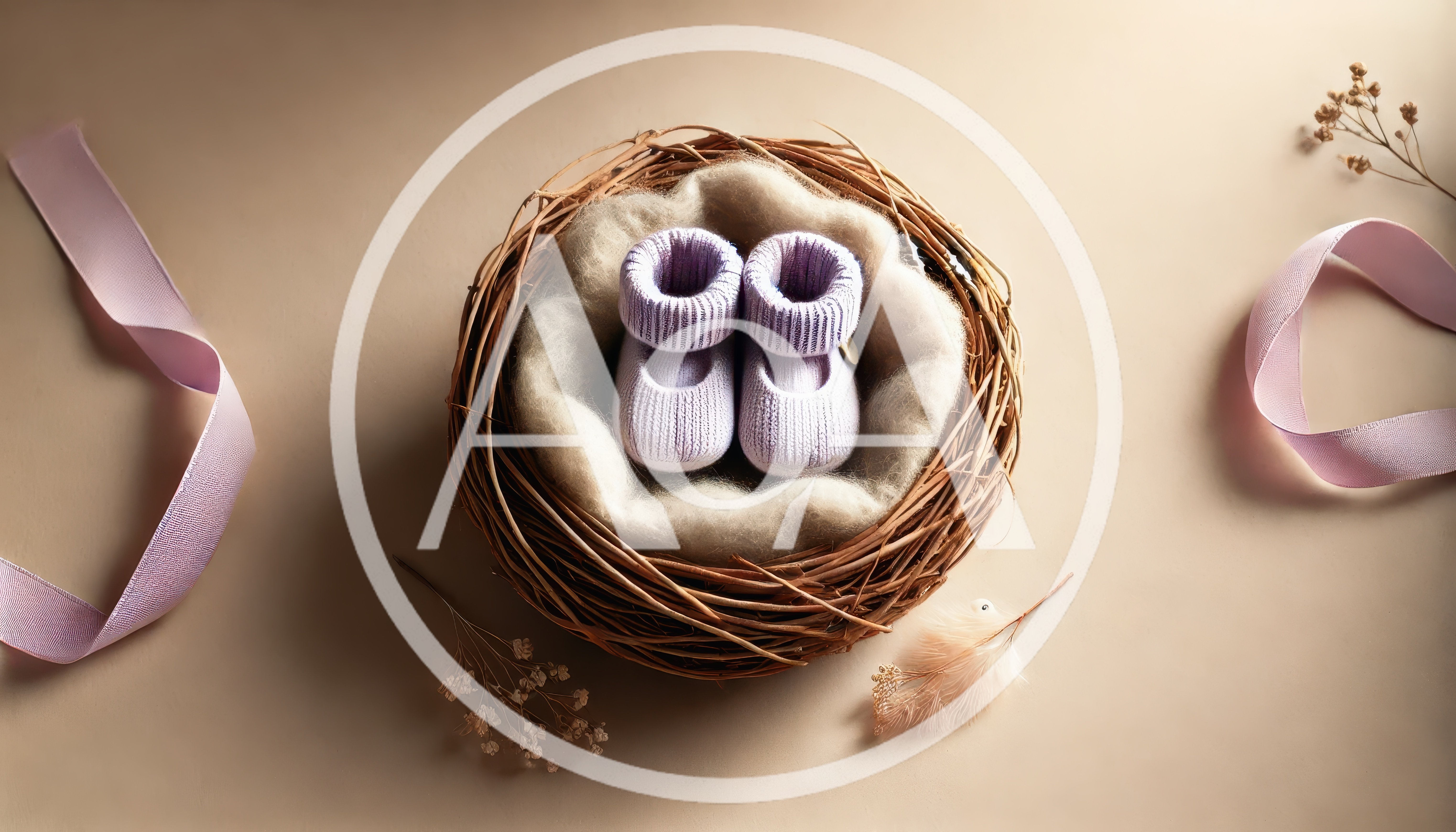 Baby Booties in a Nest with Ribbons
